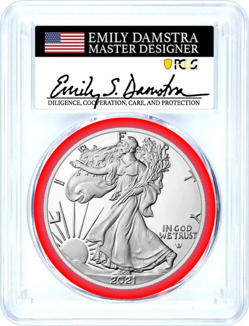 2021 (S) $1 Silver Eagle Type 2 Struck at San Francisco Emergency Issue PCGS MS70 First Day of Issue Damstra Signature Mint Designer Series