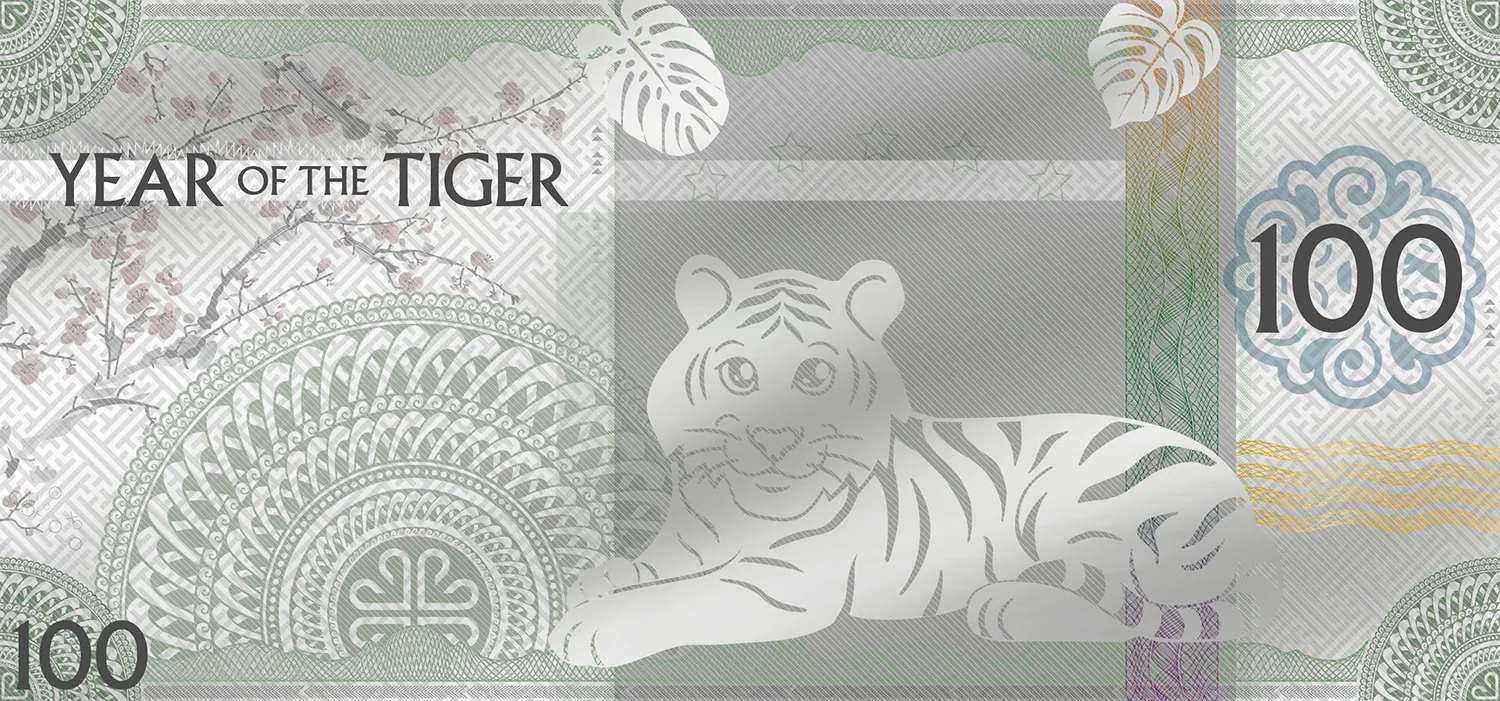 2022 Mongolia 100 Togrog 5 gram .999 Silver Partially Colored Year of the Tiger Silver Note