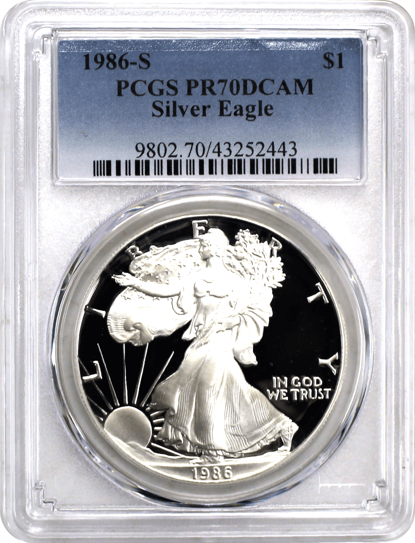 1986 S $1 Proof Silver Eagle PCGS PR70 DCAM Blue Label