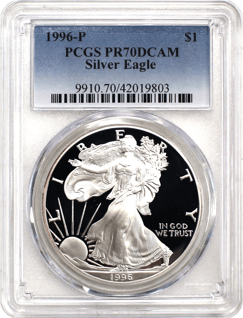1996 P $1 Proof Silver Eagle PCGS PR70 DCAM Blue Label