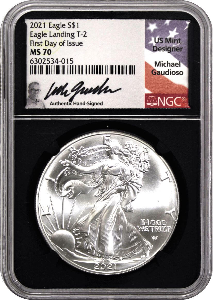 2021 $1 Silver Eagle Type 2 NGC MS70 First Day of Issue Gaudioso Signature Flag Label Black Core