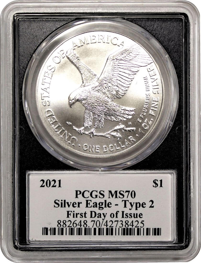2021 $1 Silver Eagle Type 2 PCGS MS70 First Day of Issue Damstra Signature Flag Label Black Core