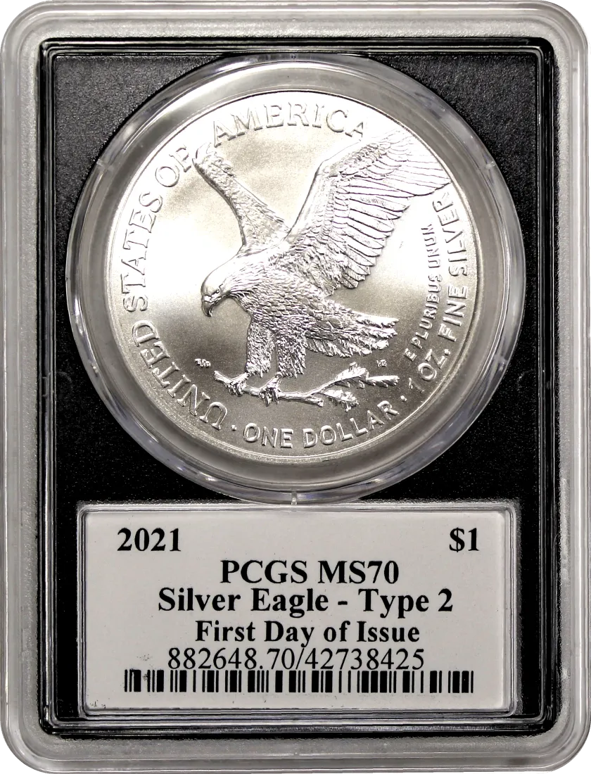 2021 $1 Silver Eagle Type 2 PCGS MS70 First Day of Issue Damstra Signature Flag Label Black Core