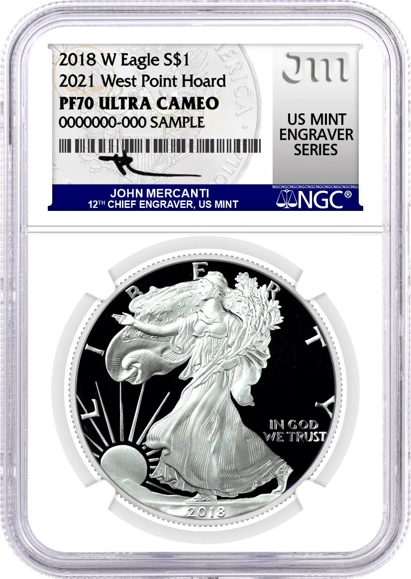2018 W $1 Proof Silver Eagle 2021 West Point Hoard NGC PF70 Ultra Cameo Mercanti Signature U.S. Mint Engraver Series x 5 Pack