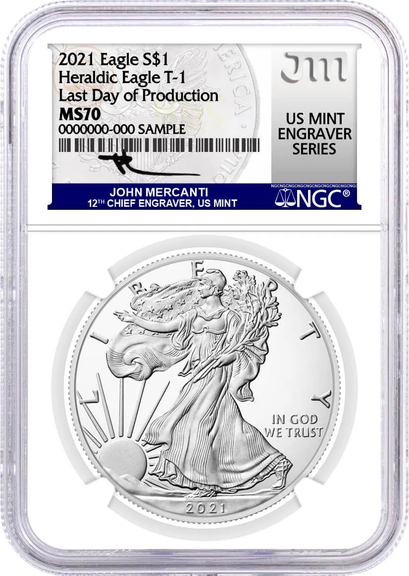 2021 $1 1 oz Silver Eagle Final T1 Mercanti Signed & First T2 Gaudioso Signed NGC MS70 LDP/FDP U.S Mint Engravers Series
