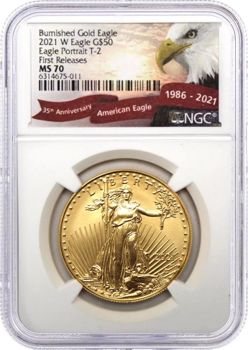 2021 W $50 1 oz Burnished Gold Eagle T-2 NGC MS70 First Releases Eagle Portrait Label
