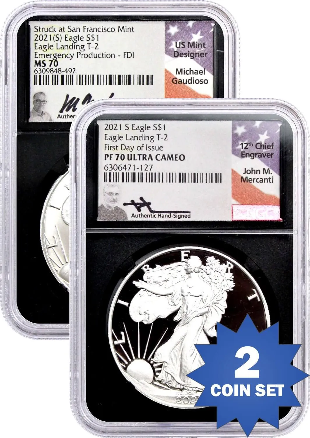 2021 S & (S) $1 Silver Eagle Type 2 Struck at San Francisco 2 Coin Set NGC PF70 Ultra Cameo & MS70 First Day of Issue Mercanti Signature & Gaudioso Signature Black Core