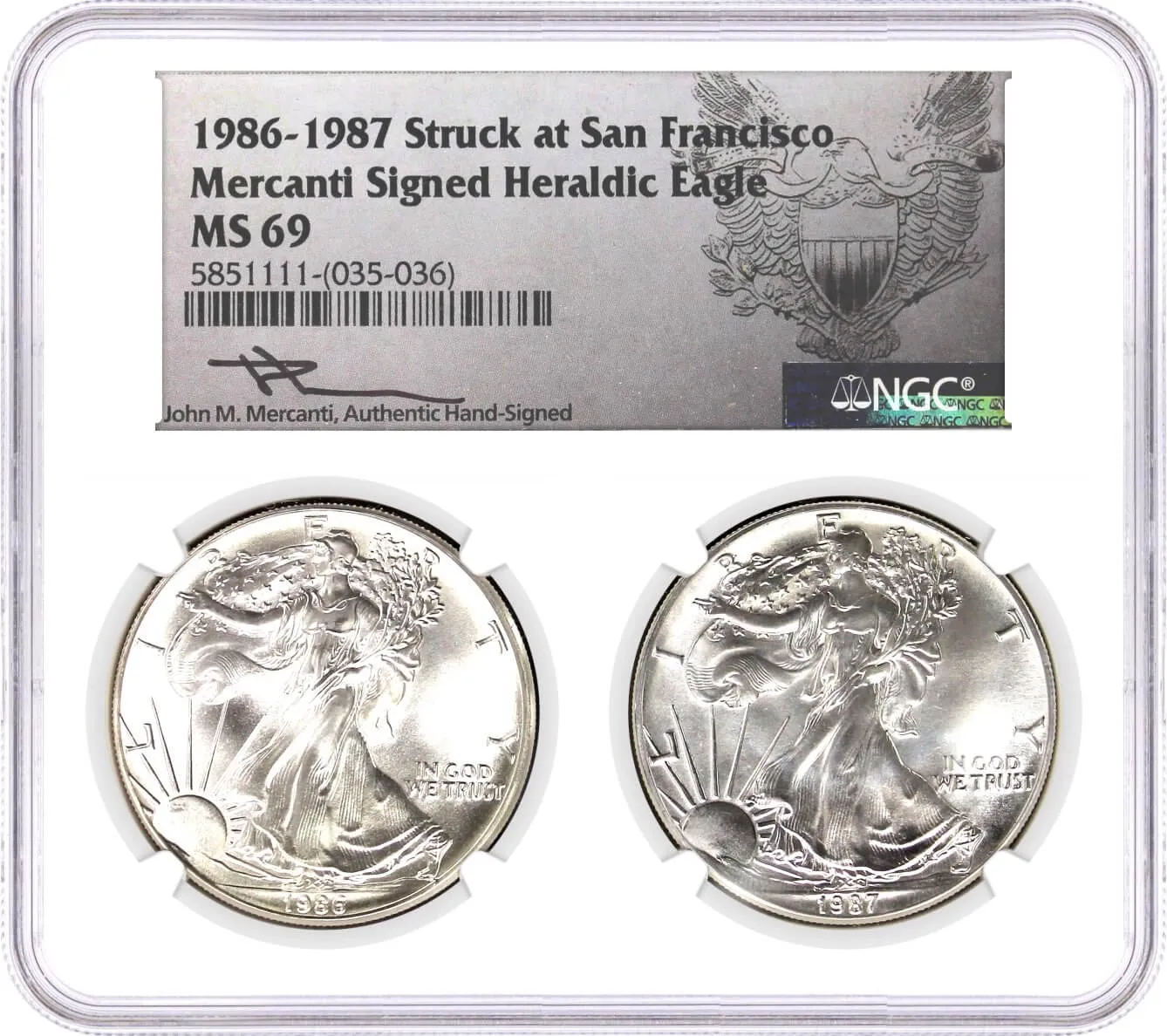 1986 & 1987 (S) $1 Silver Eagle Struck at San Francisco 2-Coin Set NGC MS69 Mercanti Signed Label Multi-holder Display Case