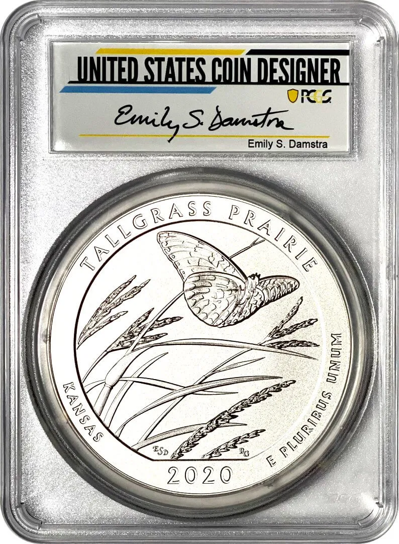 2020 P 25C 5oz Silver America The Beautiful Tallgrass Prairie NP PCGS SP70 First Day of Issue Damstra Signature