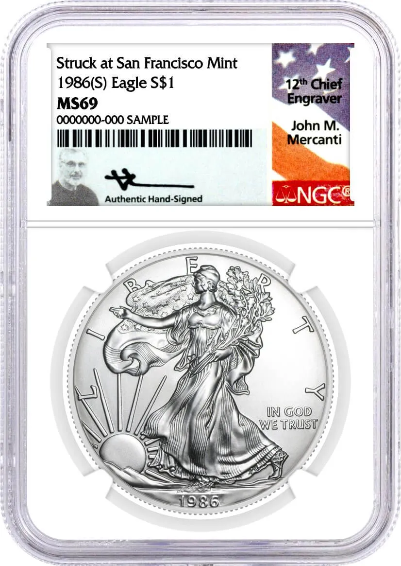 1986 & 1987 (S) $1 Silver Eagle Struck at San Francisco 2-Coin Set NGC MS69 Mercanti Signature Flag Label