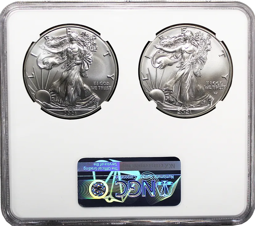 2021 $1 Silver Eagle Type 1 Last Day of Production Type 2 First Day of Production 2 Coin Set NGC MS70 Mercanti Signature Gaudioso Signature Multiholder