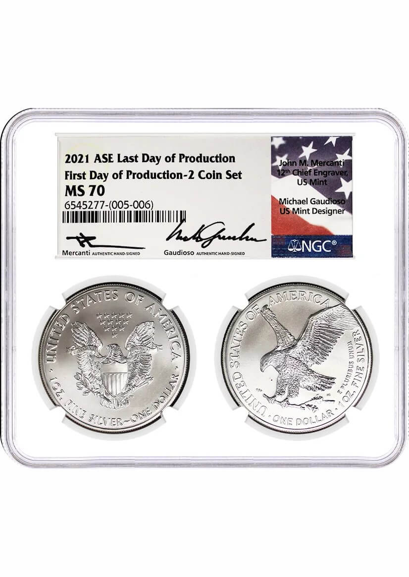 2021 $1 Silver Eagle Type 1 Last Day of Production Type 2 First Day of Production 2 Coin Set NGC MS70 Mercanti Signature Gaudioso Signature Multiholder
