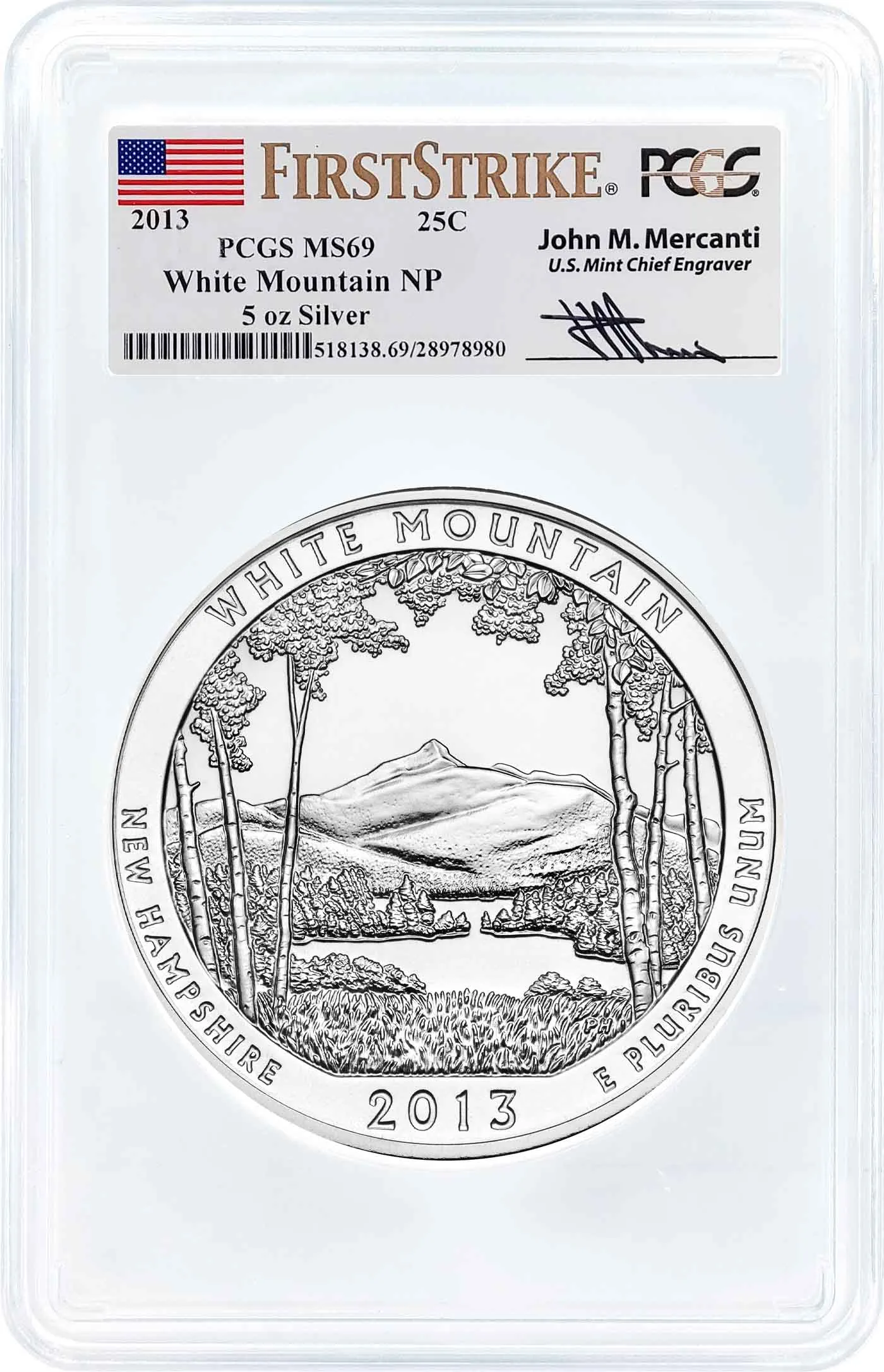 2013 ATB 5oz Silver White Mountain PCGS MS69 First Strike Mercanti Signature