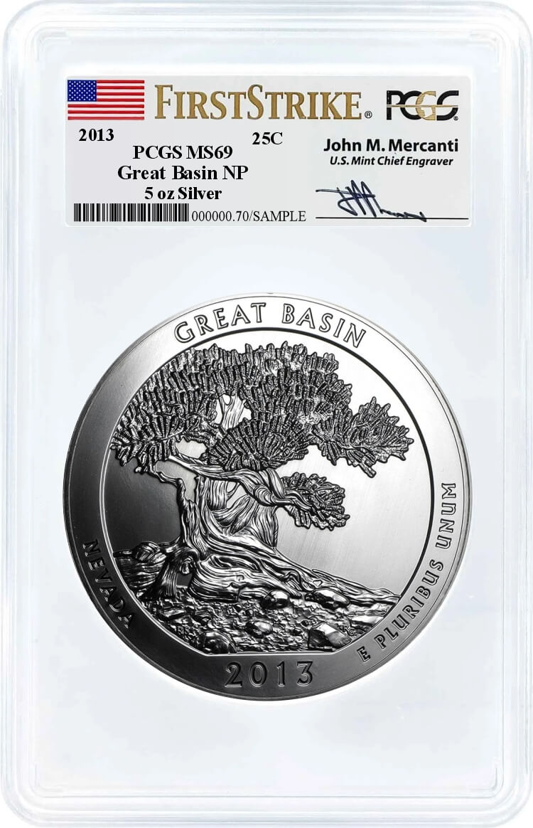 2013 ATB 5oz Silver Great Basin PCGS MS69 First Strike Mercanti Signature