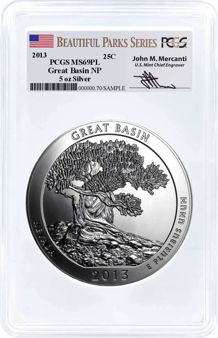 2013 ATB 5oz Silver Great Basin PCGS MS69 PL Mercanti Signature