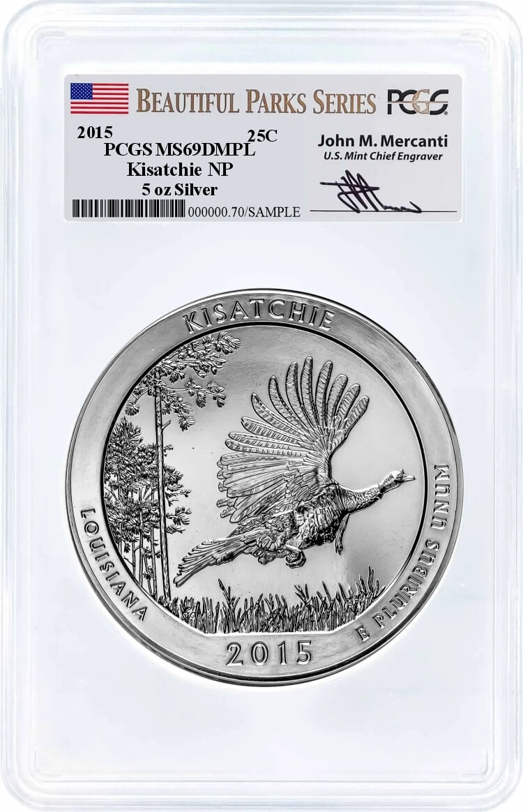 2015 ATB 5oz Silver Kisatchie PCGS MS69 DMPL Mercanti Signature