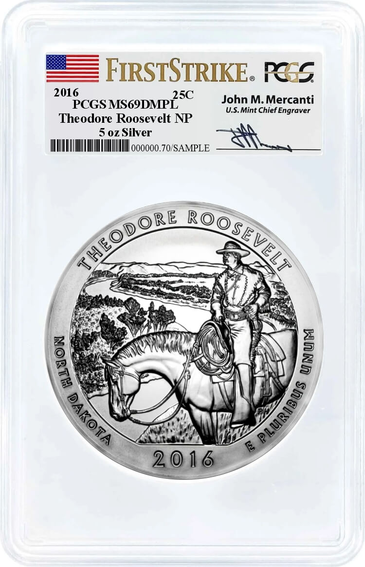 2016 ATB 5oz Silver Theodore Roosevelt PCGS MS69 DMPL First Strike Mercanti Signature