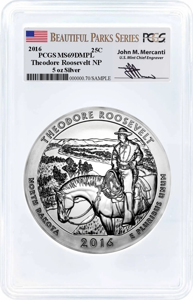 2016 ATB 5oz Silver Theodore Roosevelt PCGS MS69 DMPL Mercanti Signature