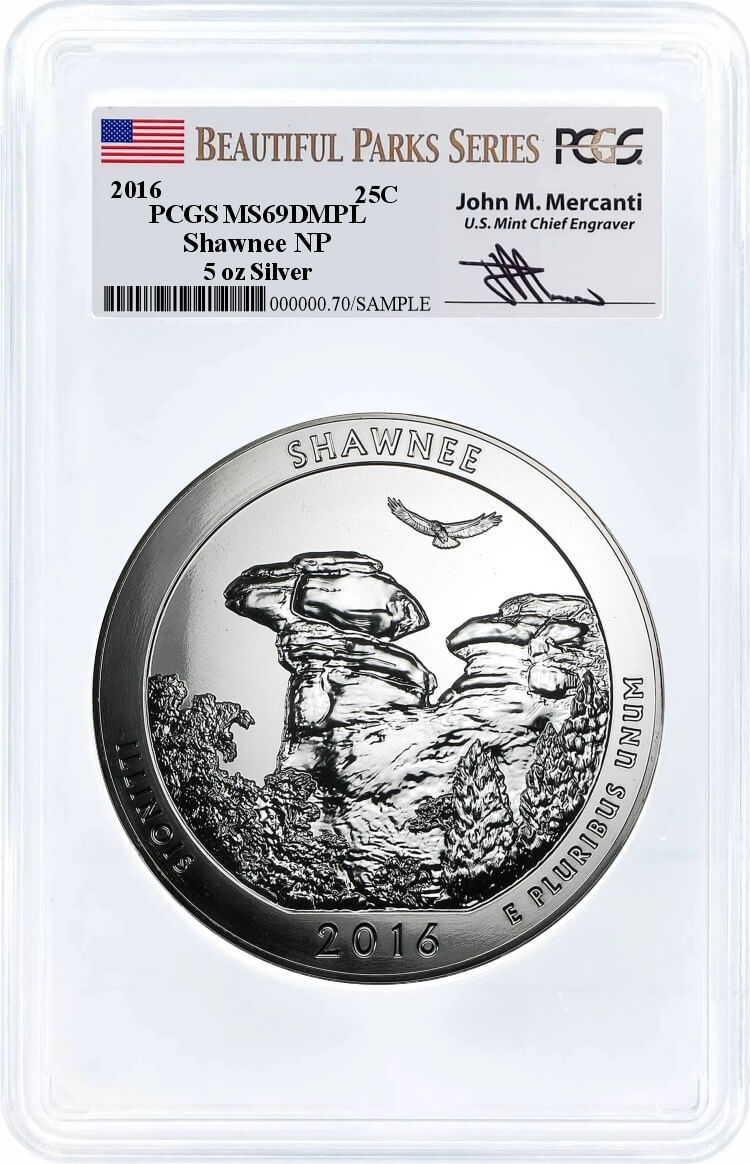 2016 ATB 5oz Silver Shawnee PCGS MS69 DMPL Mercanti Signature