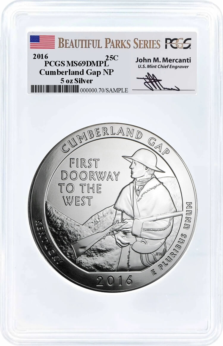 2016 ATB 5oz Silver Cumberland Gap PCGS MS69 DMPL Mercanti Signature
