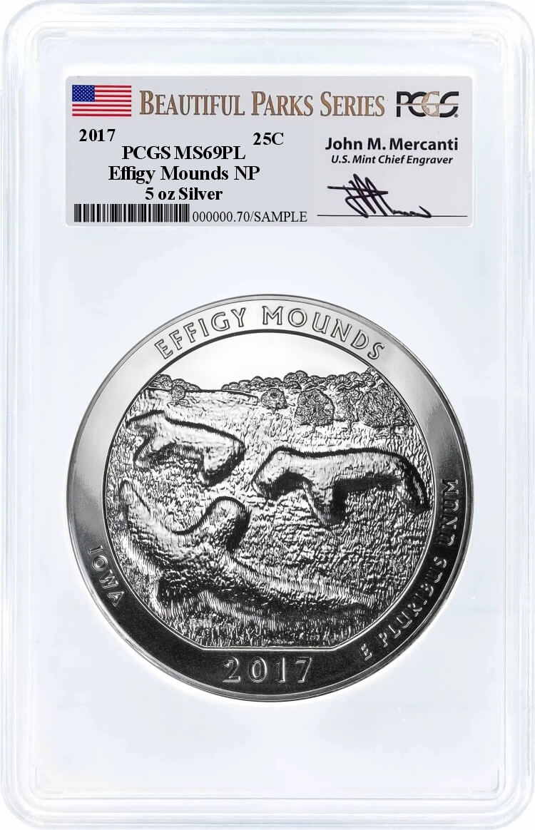 2017 ATB 5oz Silver Effigy Mounds PCGS MS69 PL Mercanti Signature