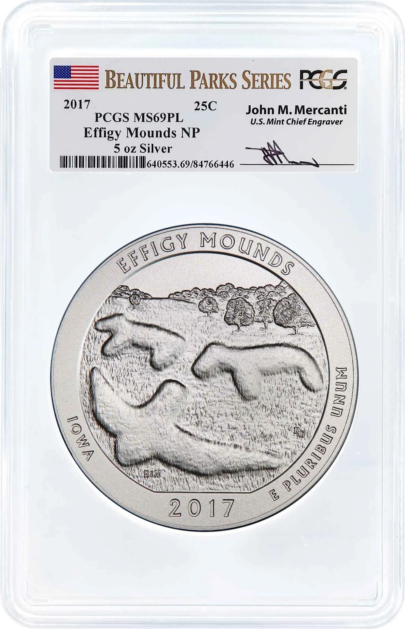 2017 ATB 5oz Silver Effigy Mounds PCGS MS69 PL Mercanti Signature