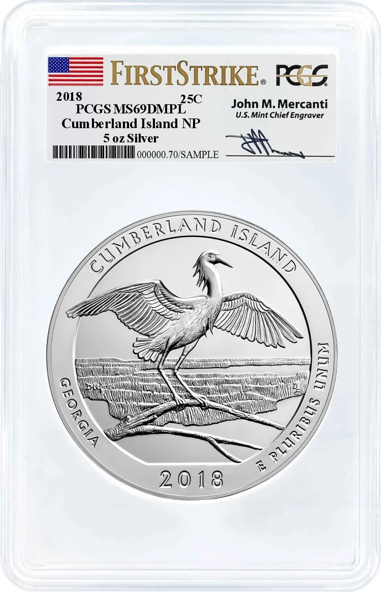 2018 ATB 5oz Silver Cumberland Island PCGS MS69 DMPL First Strike Mercanti Signature