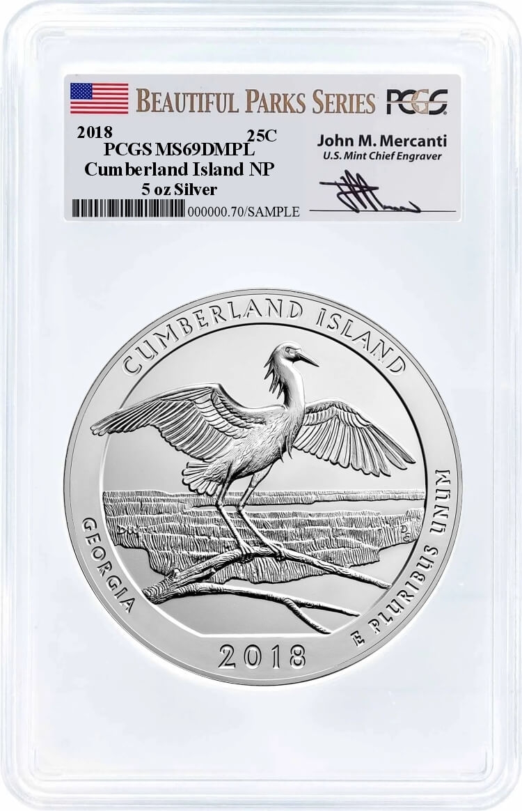 2018 ATB 5oz Silver Cumberland Island PCGS MS69 DMPL Mercanti Signature