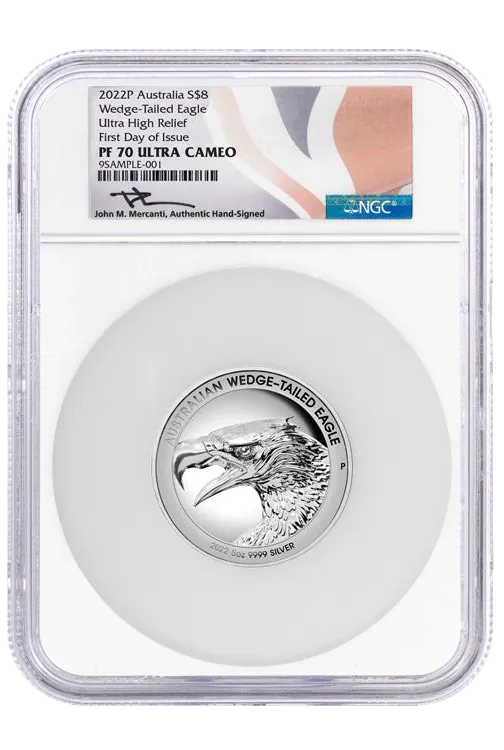 2022 $8 Australia 5 oz Silver Wedge Tailed Eagle Ultra High Relief Proof NGC PF70 UCAM First Day of Issue Mercanti Signed Aus Flag Label