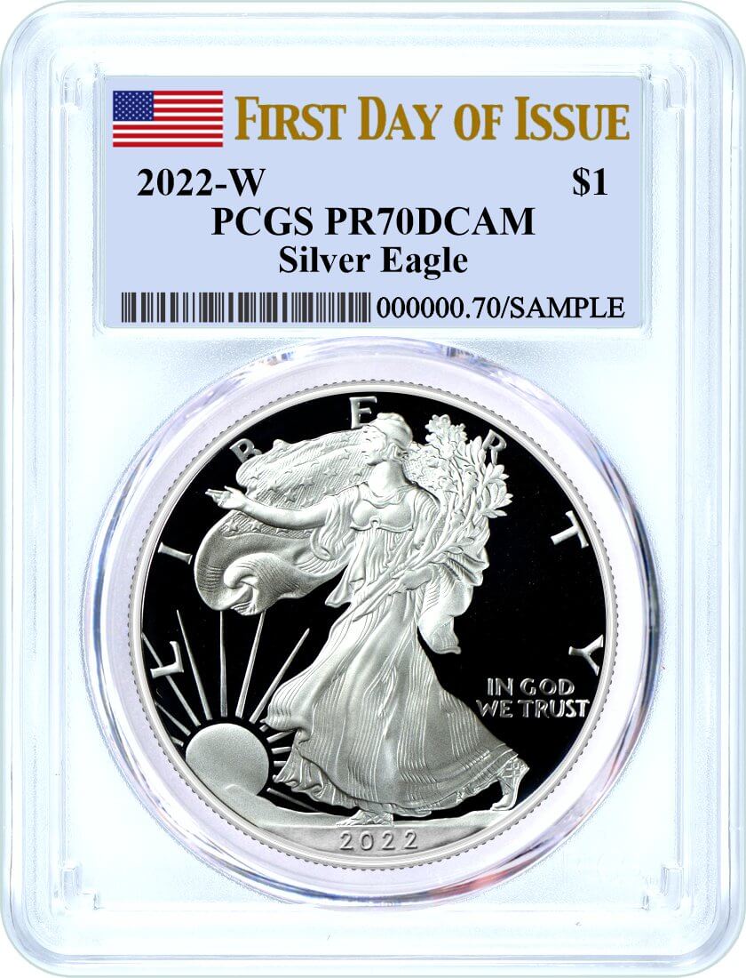 2022 W $1 Proof Silver Eagle PCGS PR70 DCAM First Day of Issue Flag Label