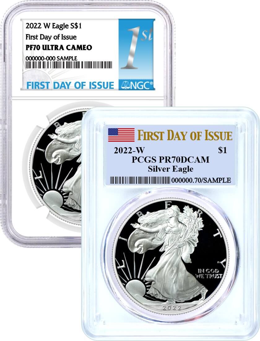 2022 W $1 Proof Silver Eagle NGC PF70 UCAM/PCGS PR70 DCAM First Day of Issue 2-Coin Set