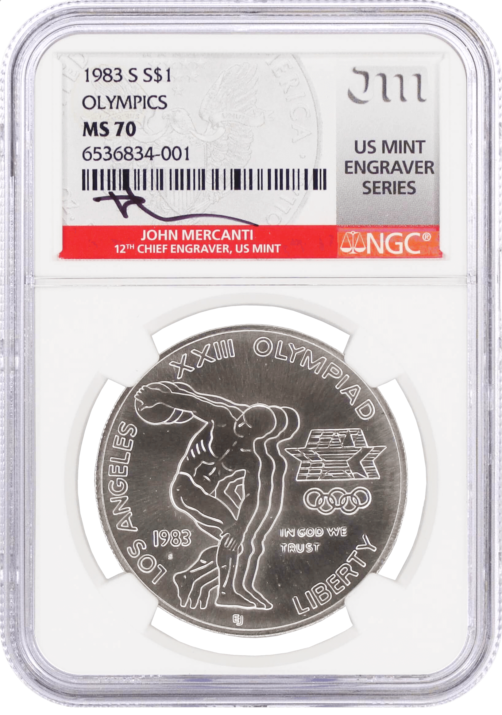 1983 S $1 Silver Los Angeles Olympiad NGC MS70 Mercanti Signed U.S. Mint Engraver Series Masters Collection