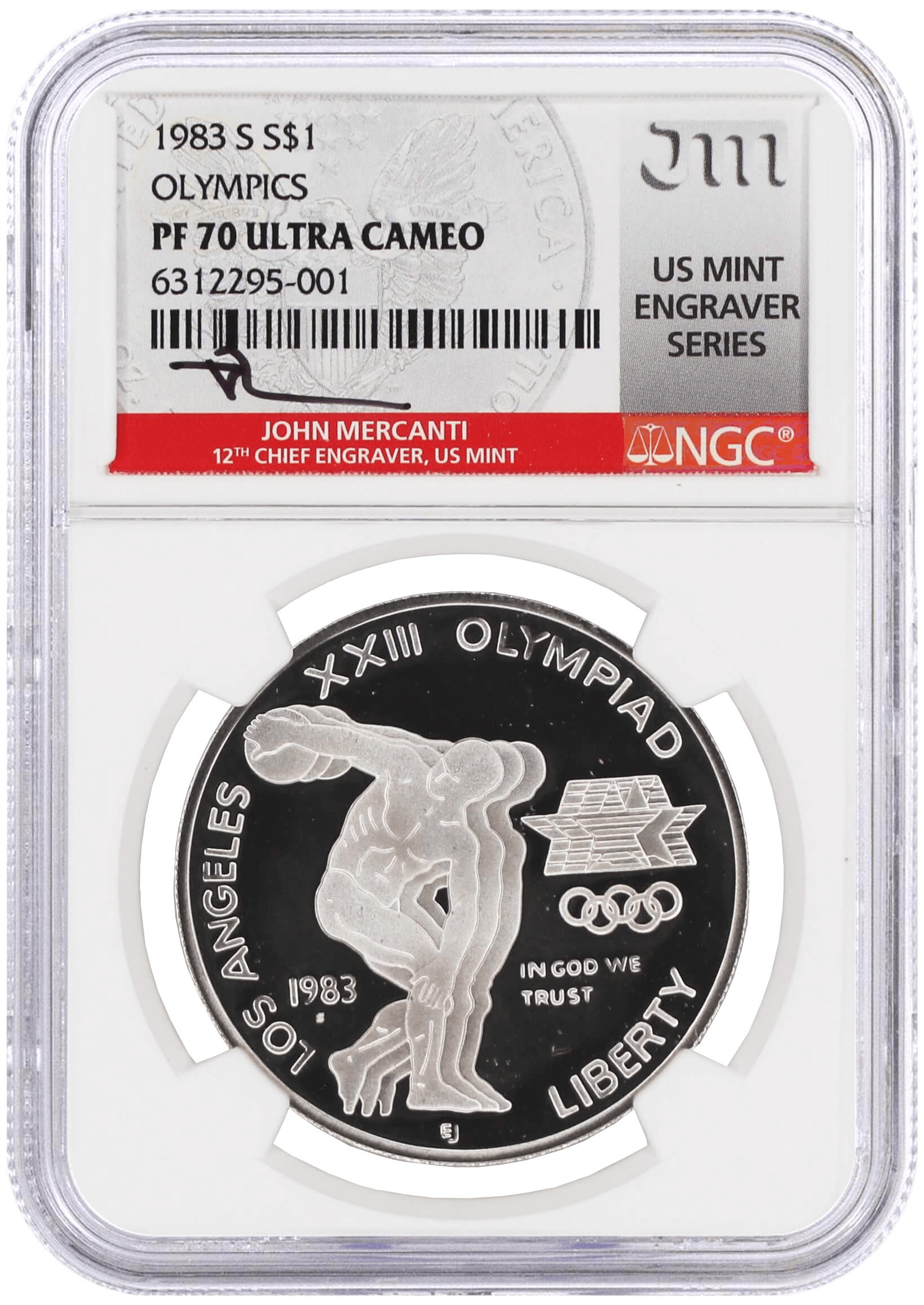 1983 S $1 Proof Silver Los Angeles Olympiad NGC PF70 UCAM Mercanti Signed U.S. Mint Engraver Series Masters Collection