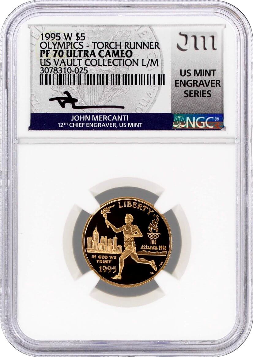 1995 W $5 Proof Gold Centennial Olympic Games Torch Runner NGC PF70 UCAM Mercanti Signed U.S. Mint Engraver Series Masters Collection