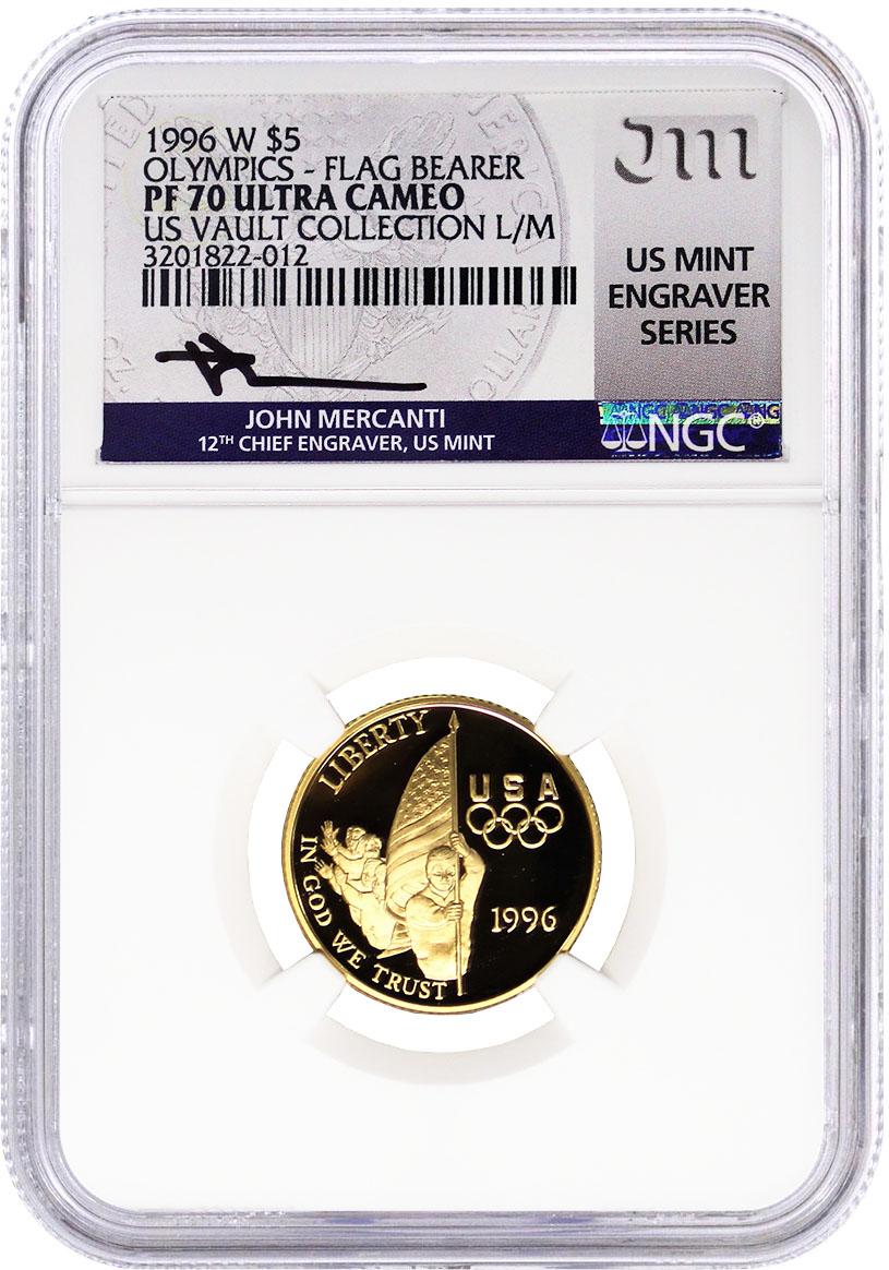 1996 W $5 Proof Gold Centennial Olympic Games Flag Bearer NGC PF70 UCAM Mercanti Signed U.S. Mint Engraver Series Masters Collection