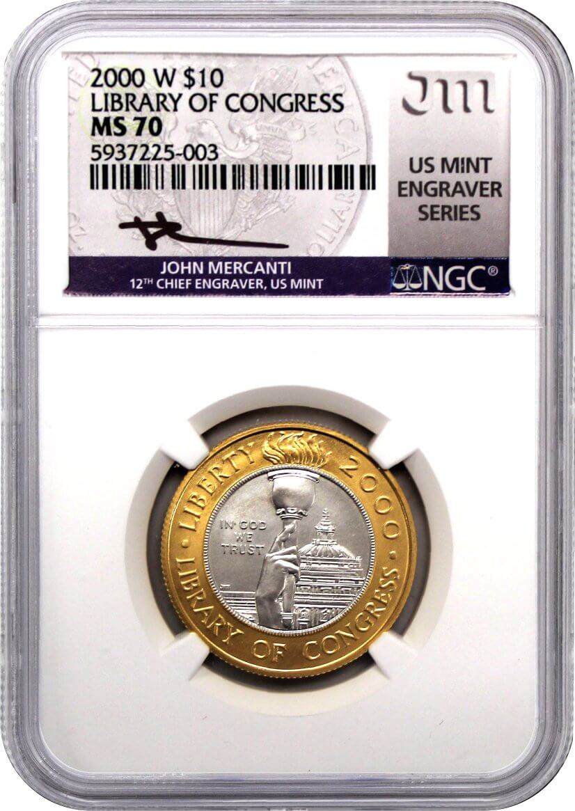 2000 W $10 Gold/Platinum Bi-Metallic Library of Congress Bicentennial NGC MS70 Mercanti Signed U.S. Mint Engraver Series Masters Collection