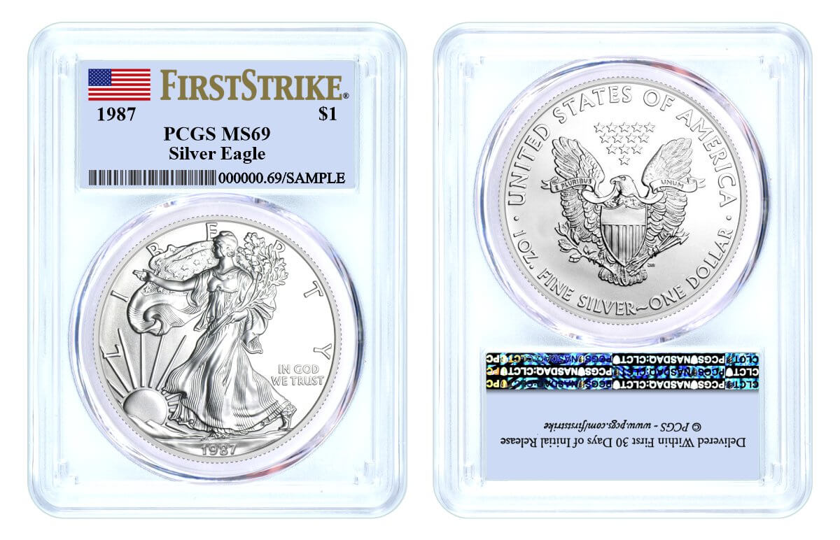 1987 $1 Silver Eagle PCGS MS69 First Strike Flag Label