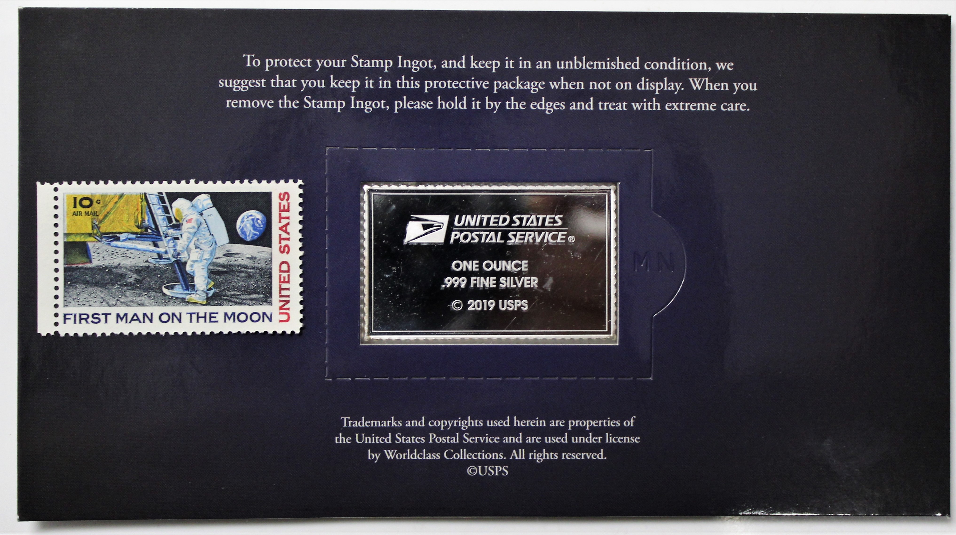2019 USPS Air and Space Collection Apollo First Man on the Moon 1oz .999 Fine Silver Bar and Stamp