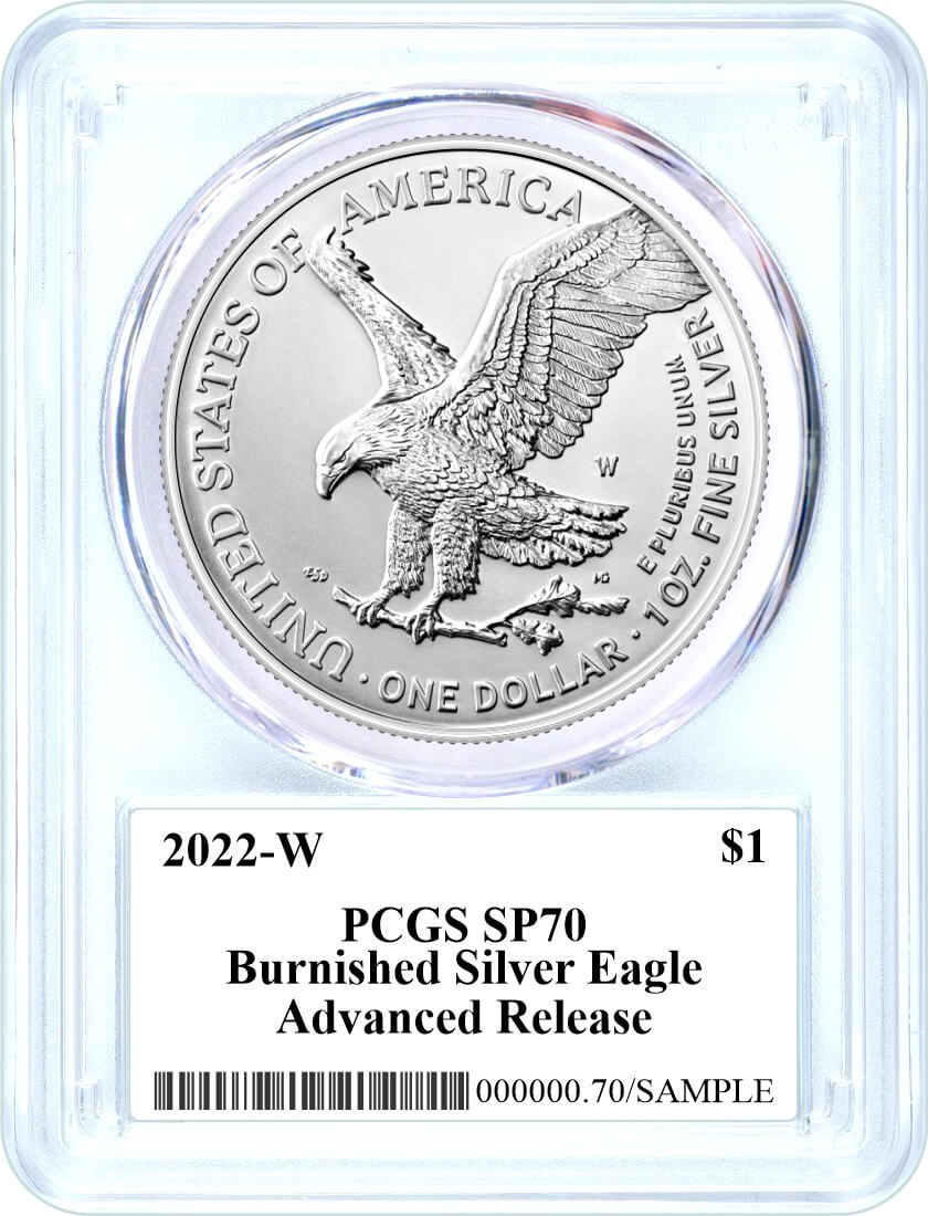 2022 W $1 Burnished Silver Eagle PCGS SP70 Advance Release Damstra Signed 