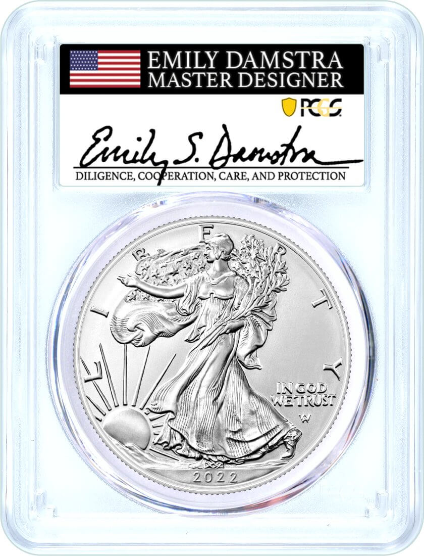 2022 W $1 Burnished Silver Eagle PCGS SP70 Advance Release Damstra Signed 