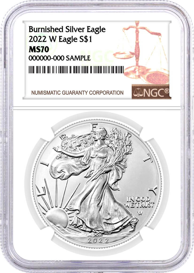 2022 W $1 Burnished Silver Eagle NGC MS70 Brown Label