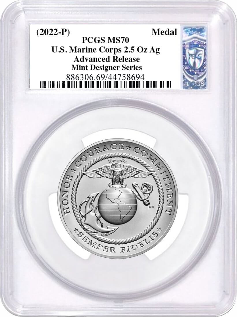 (2022-P) US Marine Corps 2.5 oz Matte Silver Medal PCGS MS70 Advance Release Damstra Signed Mint Designer Series