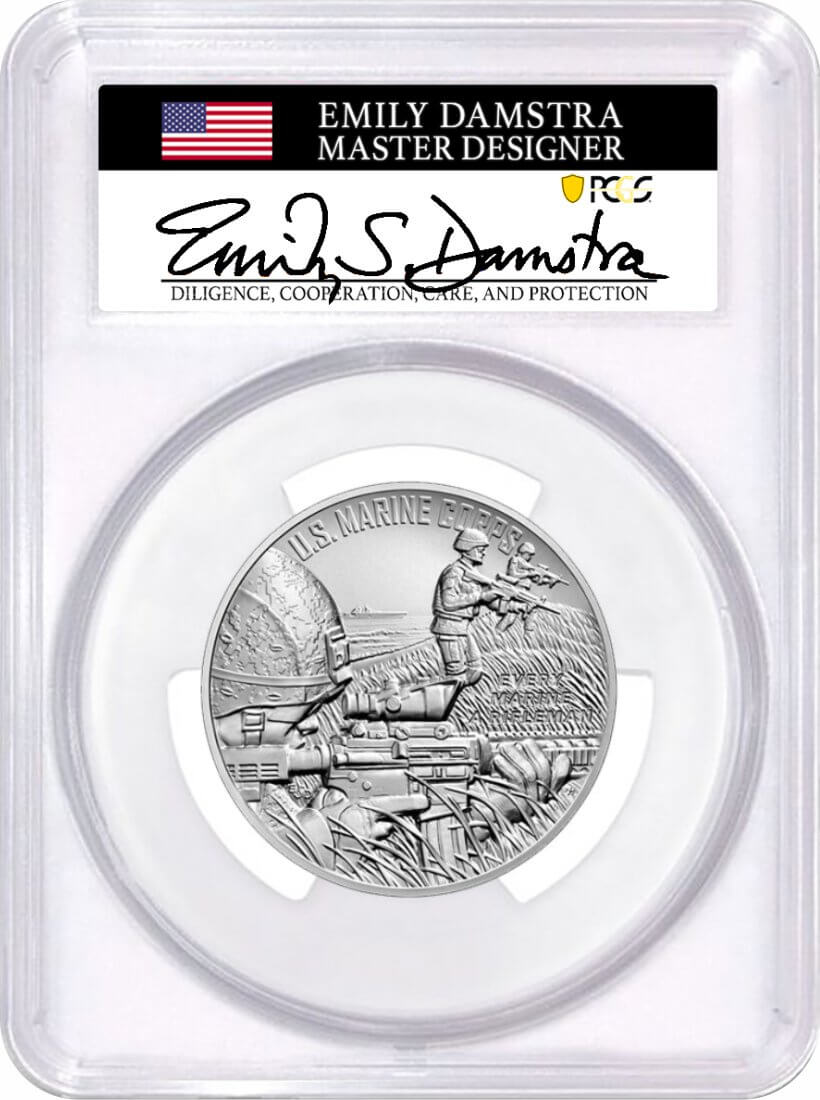 (2022-P) US Marine Corps 2.5 oz Matte Silver Medal PCGS MS70 Advance Release Damstra Signed Mint Designer Series
