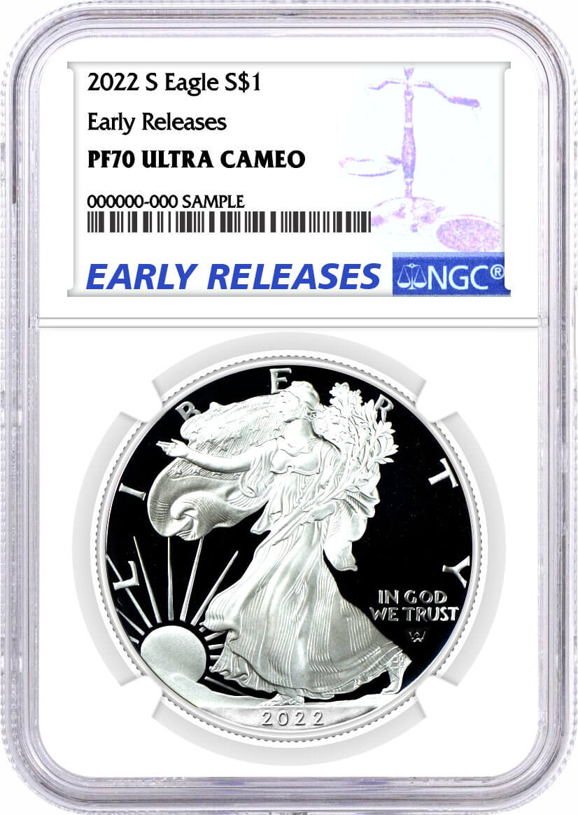 2022 S $1 Proof Silver Eagle NGC PF70 UCAM Early Releases Blue Label