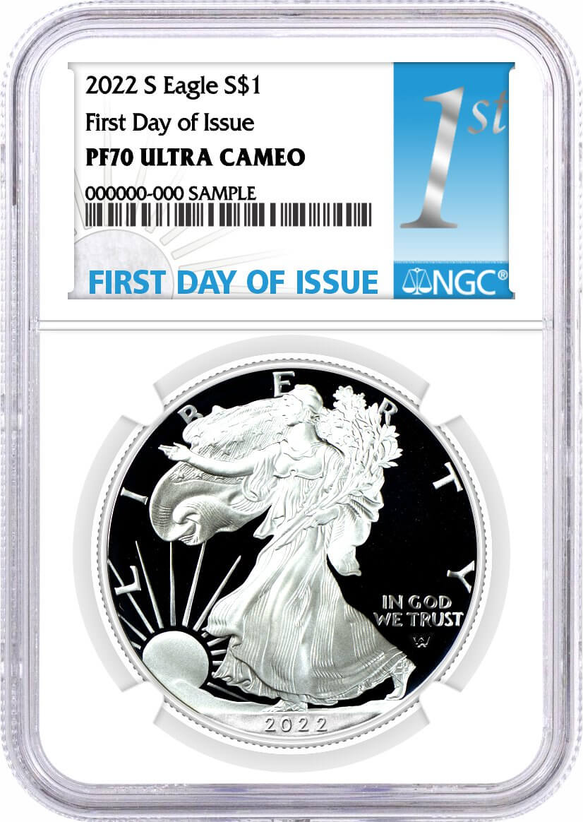 2022 S $1 Proof Silver Eagle NGC PF70 UCAM First Day of Issue 1st Label