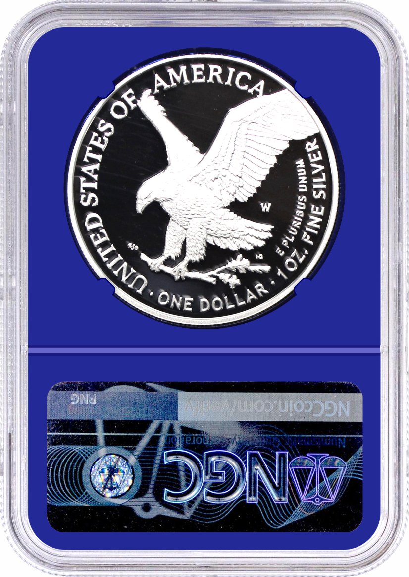 2021 W $1 Proof Silver Eagle Type 2 NGC PF70 Ultra Cameo First Day of Issue 35th Anniversary Label Blue Foil Core