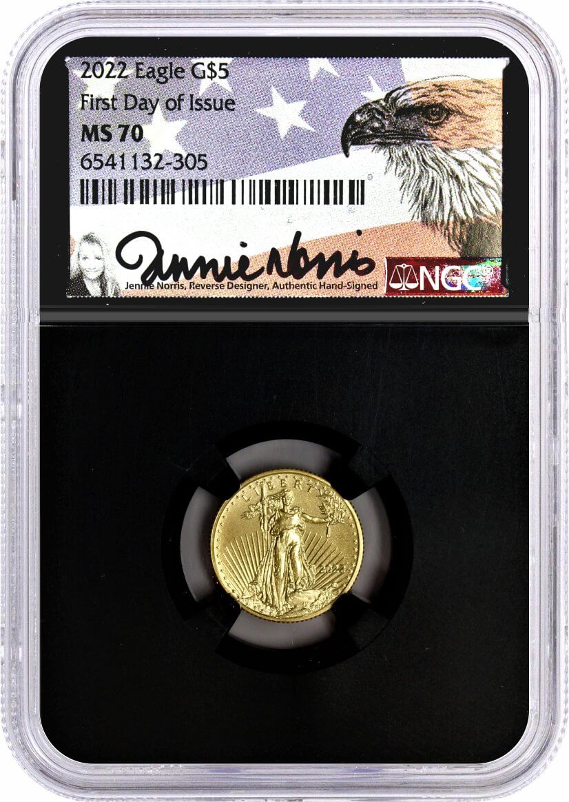2022 $5 Gold Eagle NGC MS70 First Day of Issue Jennie Norris Signature Black Core