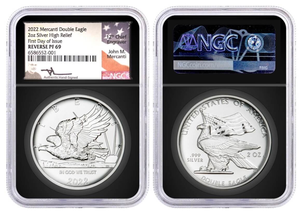 2022 2oz .999 Silver Mercanti Double Eagle High Relief NGC Reverse PF69 First Day of Issue Mercanti Signed