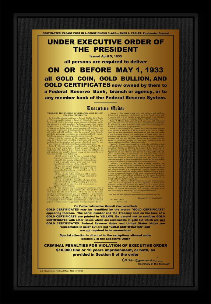 1933 Executive Order of the President Framed Gold Foil Replica 