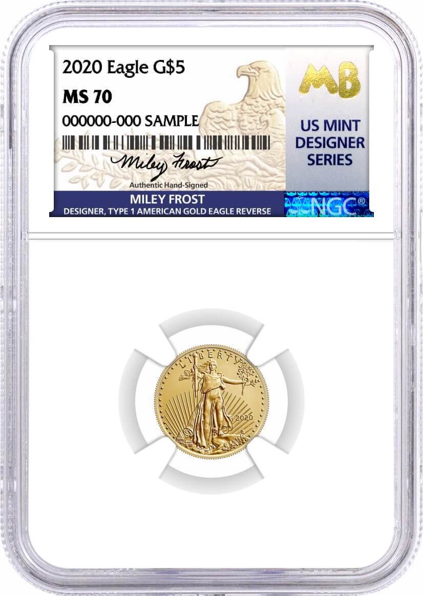 2020 $5 1/10 oz Gold Eagle NGC MS70 Frost (Busiek) Signed U.S. Mint Designer Series